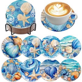 8 PCS Diamond Art Coasters Ocean Diamond Painting Coasters Kits Ocean Animals with Holder DIY for Beginners, Adults, Diamond Art Crafts Supplies 4x4 in