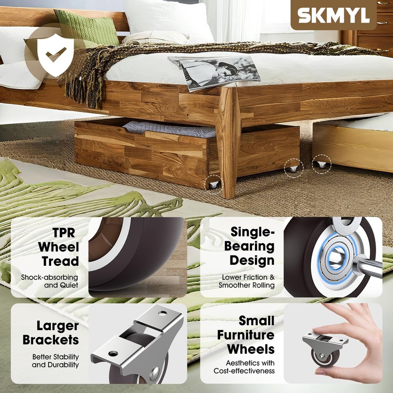 SKMYL 1.25 Inch Small Fixed Caster Wheels with Quiet Rolling,Drawer