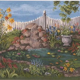 CONCORD WALLCOVERINGS ™ Vintage Garden Wallpaper Border Featuring Artificial Pond Flowers Pots Statues Fishes, Colors Green Blue Yellow White Orange, Size 10.5 Inches by 15 Feet WE672B