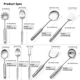 304 18/10 Stainless Steel Kitchen Utensils Set 9 Pcs Long Cooking Utensil, Spatula, Soup spoon, Leaking shovel, Ladle, Tunner, Pasta Server, Meat Fork Kitchen Tools Set (9 Pieces Set)