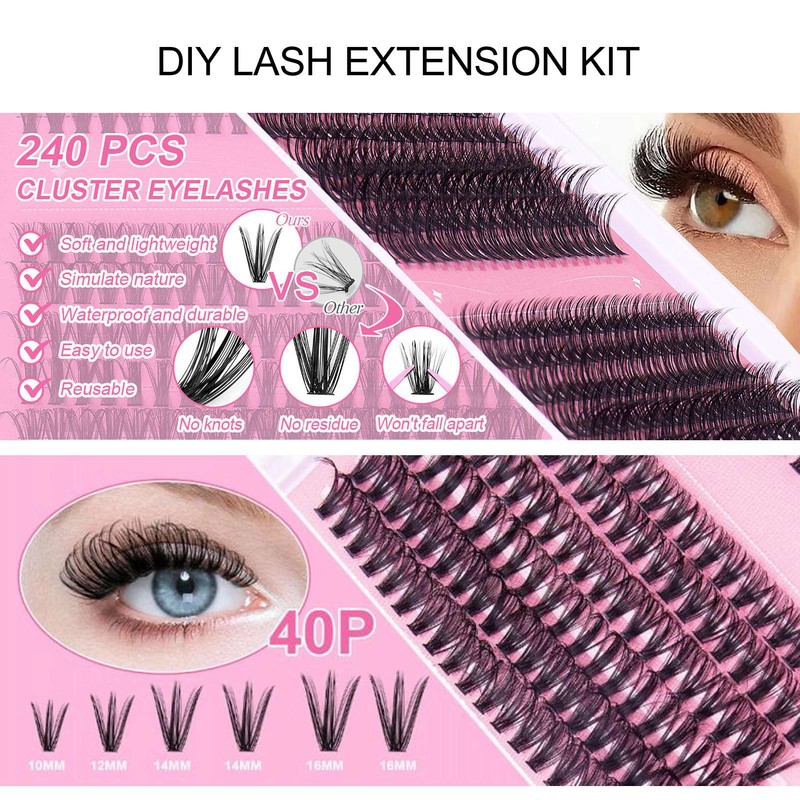 240 Pcs DIY Lash Extension Kit D Curl Cluster Lashes