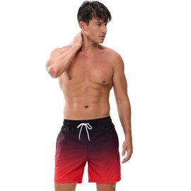 Mens Swim Shorts Fashion Gradient Swimming Trunks Quick Dry Beach Bathing Suits with Zipper Pockets Mesh Lining Black Red M