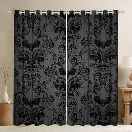 Homewish 30%-50% Blackout Curtains, Antique Victorian Baroque Curtains 2 Panels 46" Wx72 L, Vintage Floral Curtains & Drapes, Gothic Bat Curtains for Bedroom,Bats Sugar Skull Boho Decor,Grey