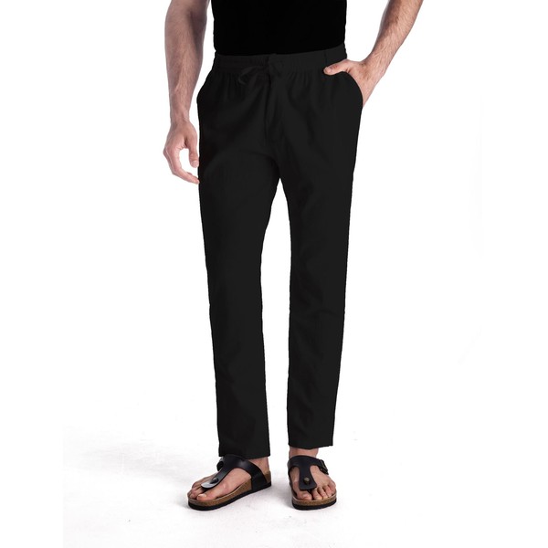 MUSE FATH Men’s Linen Drawstring Casual Beach Pants-Lightweight Summer Trousers-Black-XL