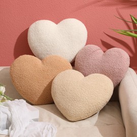 4 Pcs Sherpa Valentine's Day Heart Shaped Decorative Throw Pillows Fluffy Pillow Soft Throw Cushion Cute Couch Pillows Aesthetic Room Decor for Neutral Rustic Farmhouse Boho Home Decor 13.5 x 11.5in