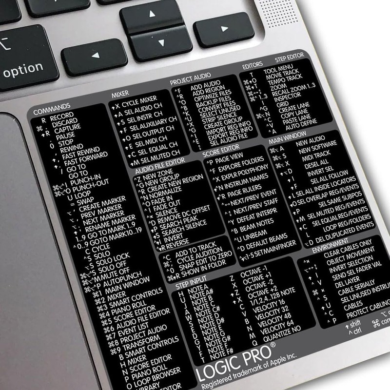 Logic Pro Reference Keyboard Hotkeys Decals for Mac OS Black,