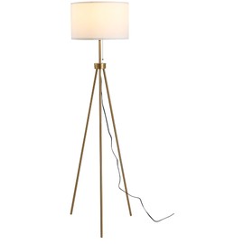 HOMCOM 59.75" Tripod Floor Lamp with Pull Chain Standing, Fabric Lampshade E26 Lamp Holder Steel for Living Room, Bedroom, Office, Gold