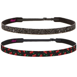 Hipsy Women's Adjustable No Slip Skinny Bling Glitter & Fuity Printed Fashion Headbands (Black & Black Glitter)