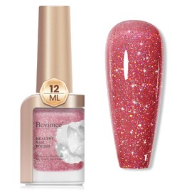 Bevimee Glitter Shimmer Nail Polish, 12ML Quick Dry Brown Red Nail Polish Iridescent Glitter Holographic Nail Polish Reflective Nail Lacquer Natural Nail Art for Beginner-1PC