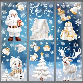Christmas Window Stickers, 9 Sheet 190pcs Xmas Window Clings Santa Claus Reindeer Snowflakes Decal Stickers Double Sided for Christmas Window Display