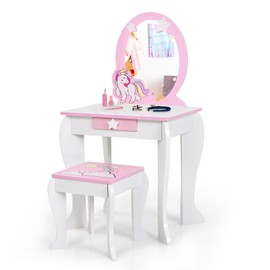 OLAKIDS Kids Vanity, 2 in 1 White Princess Wooden Table and Chair Set for Toddlers with Detachable Unicorn Mirror, Stool, Storage Drawer, Pretend Beauty Make Up Dressing Play Set for Girls Age 4-9