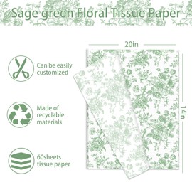 Generic 60 Sheets Sage Green Floral Tissue Paper Chinoiserie Gift Wrapping Paper Vintage Flower Art Paper for DIY Crafts Birthday Baby Shower Wedding Party Decor, 14 x 20 Inch