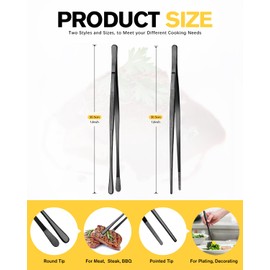 2 Pcs 12-Inch Kitchen Tweezers Fine Tweezer Tongs, Stainless Steel Professional Long Cooking Tweezers for BBQ, Sea Food, Repairing and Serving (BLACK)