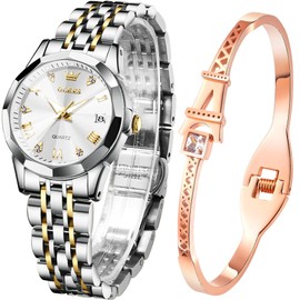 OLEVS Womens Watch Gifts Bracelet Set Rose Gold for Lady Female Business Dress Diamond Ladies Watch Casual Analog Waterproof Luminous Two Tone Wrist Watch Silver