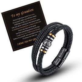 LAXPICOL Gift To My Grabdson Bracelet, Men's Bracelets Boys Bracelet, Braided Leather Bracelet Birthday Easter Graduation Gifts For Teen Boys-To My Grandson