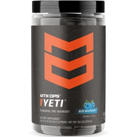 MTN OPS Yeti Trail Packs Pre-Workout Powder Energy Drink with Creatine, 200mg Caffeine & BCAAs with Beta Alanine, 20-Single Servings, Blue Raspberry