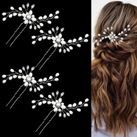 Pack of 4 Pearl Bridal Hair Accessories, U-Shaped Wedding Hair Clips, Rhinestones, Beautiful Wedding Silver Hair Accessories, Wedding Accessories for Women and Girls, Wedding Party, Prom (Silver)