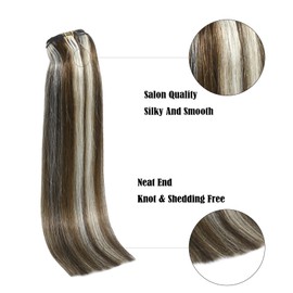 Aison Clip in Hair Extensions Medium Brown Mixed Bleach Blonde Highlight Hair Extensions 70g 7pcs Straight Real Human Hair Extensions Double Weft 18Inch