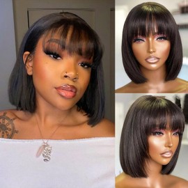 MSIVY Bob Wig with Bangs 10 Inch Short Bob Human Hair Wigs with Bangs None Lace Wigs for Black Women Glueless Machine Made Straight Bob Wig Human Hair 150 Density