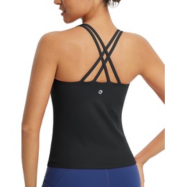 baleaf Women's Workout Tank Tops with Built in Bras Yoga Crop Longline Sports Bras Double Spaghetti Strap Strap Black L