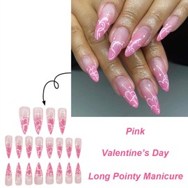 Long Pointy Press on Nails Love Heart False Nails Romantic Fake Nails Glossy Pink Gradient Glue on Nails for Women Girls