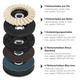 Serrated disc and polishing set, 11 pieces, diameter 115 mm, serrated disc 4 x blue (stainless steel), 4 x brown (standard), grain 40/60/80/120, 1 x coarse cleaning disc, 2 x polishing discs