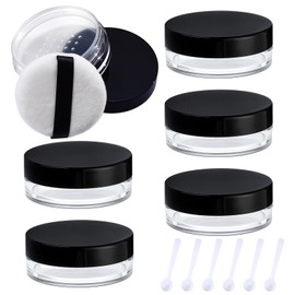6 Pcs Small Plastic Refillable Loose Powder Containers with Puff, Spoon, Sifter and Lid, 10 ML/0.35 Oz Travel Loose Compact, Leak Proof Empty Powder Container(Black)