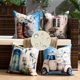 Cheekywares Waterproof Cushion Cover, 40 x 40 cm, Set of 4, Linen Outdoor Sofa Cushion Cover, Lorry, Flower, Bicycle, Decorative Couch Cushion, Decorative Cushion Covers for Sofa, Living Room,