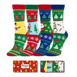 HAPPYPOP Christmas Gifts Stocking Socks for Teens - Secret Santa Socks Xmas Stocking Stuffers for Boys Girls, 4 Pack Of Christmas Socks