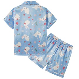 Hupohoi Unisex Kids Boys and Girls Pajama Sets Summer Short Sleeve With Shorts Sleepwear Silky Button Down Loungewear, 2pcs-Sky Blue Bunny, 14