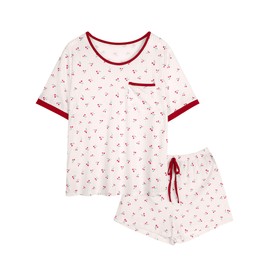 Hilinker Women 2 Piece Cherry Pajama Set Short Sleeve Top with Shorts Ribbed Lounge Sets Beige Cherry Small
