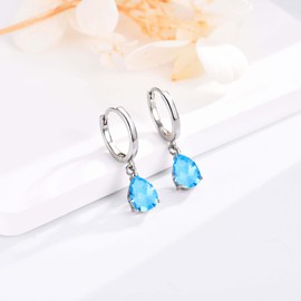 Sterling Silver Hoop Earrings for Women, Small Huggie Hoop Earrings with Teardrop Dangle Drop Hoop Earrings | Hypoallergenic Aquamarine Cubic Zirconia Cartilage Earring Jewellery Girls Gifts