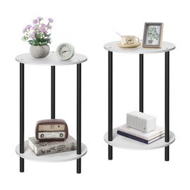MOOACE End Tables Set of 2, Small Side Table, 2-Tier Round Nightstand Sofa Table Coffee Table with Storage Shelves for Living Room, Bedroom, White