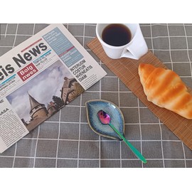 Coffee Spoon and Rest for Coffee Bar Accessories, Leaf Small Spoon Rest for Coffee Station, Tea Spoon Rest Tea Spoon Holder Teaspoon Rest, 1 PC (Retro Sea Blue with Rainbow Rose Spoon)