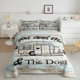 Manfei Happy Camping Comforter Set Queen Size, Camper Truck Bedding Set 3pcs for Kids Boy Girls Room Decor, Adventure Theme Dog Lover Quilt Set Rustic Farmhouse Duvet Set with 2 Pillowcases