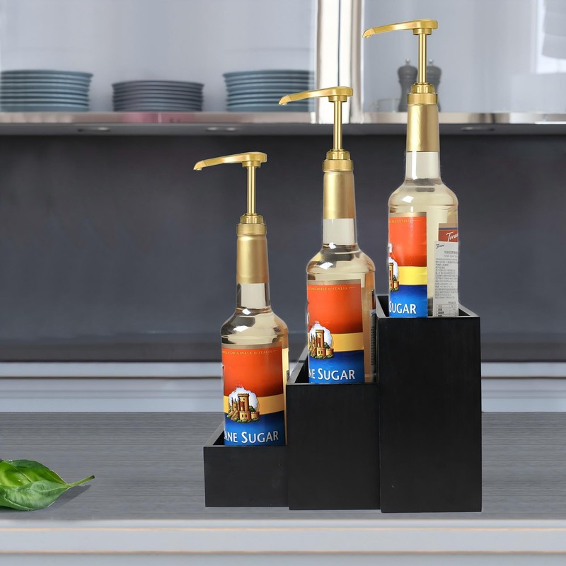 GOVOKOI Black Wood Coffee Syrup Rack Organizer, 3-Tier Separated Bottle