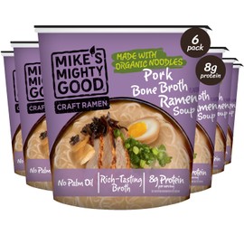 Mike’s Mighty Good Bone Broth Pork Ramen Cup (Pack of 6) – 8g Protein Instant Ramen Noodles – Organic Steamed, Non-GMO - Canola, Vegetable & Palm Oil-Free – Simple Ingredients, Ridiculously Rich Broth