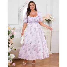 EYWOL Purple Plus Size Floral Dress for Women: Corset-Style Maxi with Smocked Bust and Puff Sleeves – Romantic Wedding Guest Dress