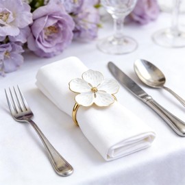6 Pcs Napkin Rings, Flower Napkin Rings Holder Floral Table Setting Decoration for Table Settings, Glossy Serviette Buckles Decor (White)