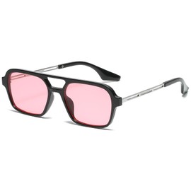 RUNHUIS Vintage Classic 70s Square Sunglasses for Men Women Trendy Retro Slim Rectangle Glasses (Black-Silver/Pink)
