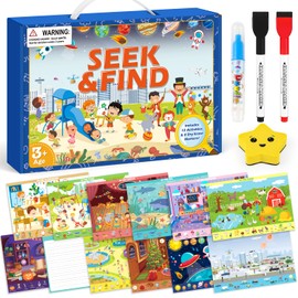 Seek and Find Books for Kids 3-5, Preschool Learning Activities, Reusable Toddler Activity Book with 6 Mess Free Water Reveal Mats, Travel Toys for Road Trip, Educational Toys for Birthday Gift