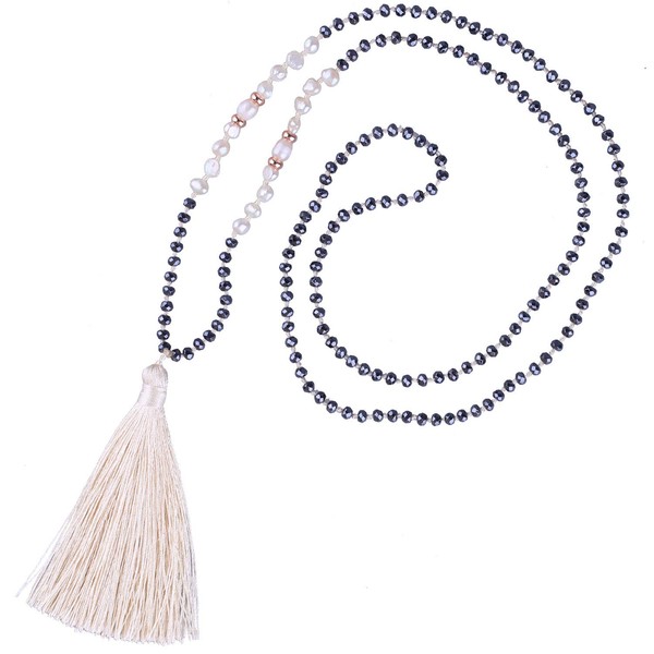 Kelitch Bohemian Natural Fresh Water Pearl Crystal Bead Tassel Necklace