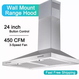 Zomagas 24" Kitchen Wall Mount Range Hood 450CFM Stainless Steel Vented LEDs 3-Speed New