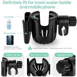 Universal Stroller Cup Holder with Phone Holder, Bike Cup Holder, 2-in-1 Cup Phone Drinks Holder Organizer for Stroller Accessories, Bicycle, Wheelchair, Walker, Scooter - Easy to Install and Remove