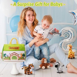 OUOZZZ Baby Plush Toys from 1 2 3 Years, Zoo Toys with Cuddly Toys Small Giraffes, Elephants, Zebras, Tigers, Orangutans and Zoo House - Baby Gifts for Birth Girl Boy