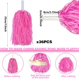 36PCS Cheerleading Pom Poms Metallic Foil Plastic Pom Poms with Baton Handle for Game Sports Squads Dancing Party Football Basketball Club Spirit Sports Stage Performance Celebration (Pink)