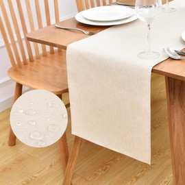Inmerget Rustic Farmhouse Faux Linen Table Runner 33x92 cm (13x36 inch), Water Resistant Wipe Clean Polyester Dresser Scarf for Kitchen, Dining & Holiday Banquets (Neutral)
