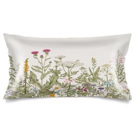 Silk Satin Pillowcase for Hair and Skin,Spring Floral Pillow Cover King Size Pillowcases with Envelope Closure,Wild Flower Plant Vintage Florals Herbs and Botanical Bed Cushion Case,20"x40",1 pc,Beige
