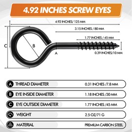 Yaocom 30 Pcs 5 Inch Eye Bolts Screw in Hooks Stainless Steel, Black Large Screw Eye Hooks for Wood Securing Cables Wire, Hanging, Tie-Downs, Hammock Stand