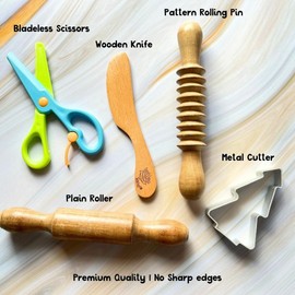 Lattooland Play Dough Tools for Kids | Wooden Rolling Pins | Wooden Knife | Child-Safe Scissors | Clay Mould | Pretend Play Kitchen Tools Montessori Toys